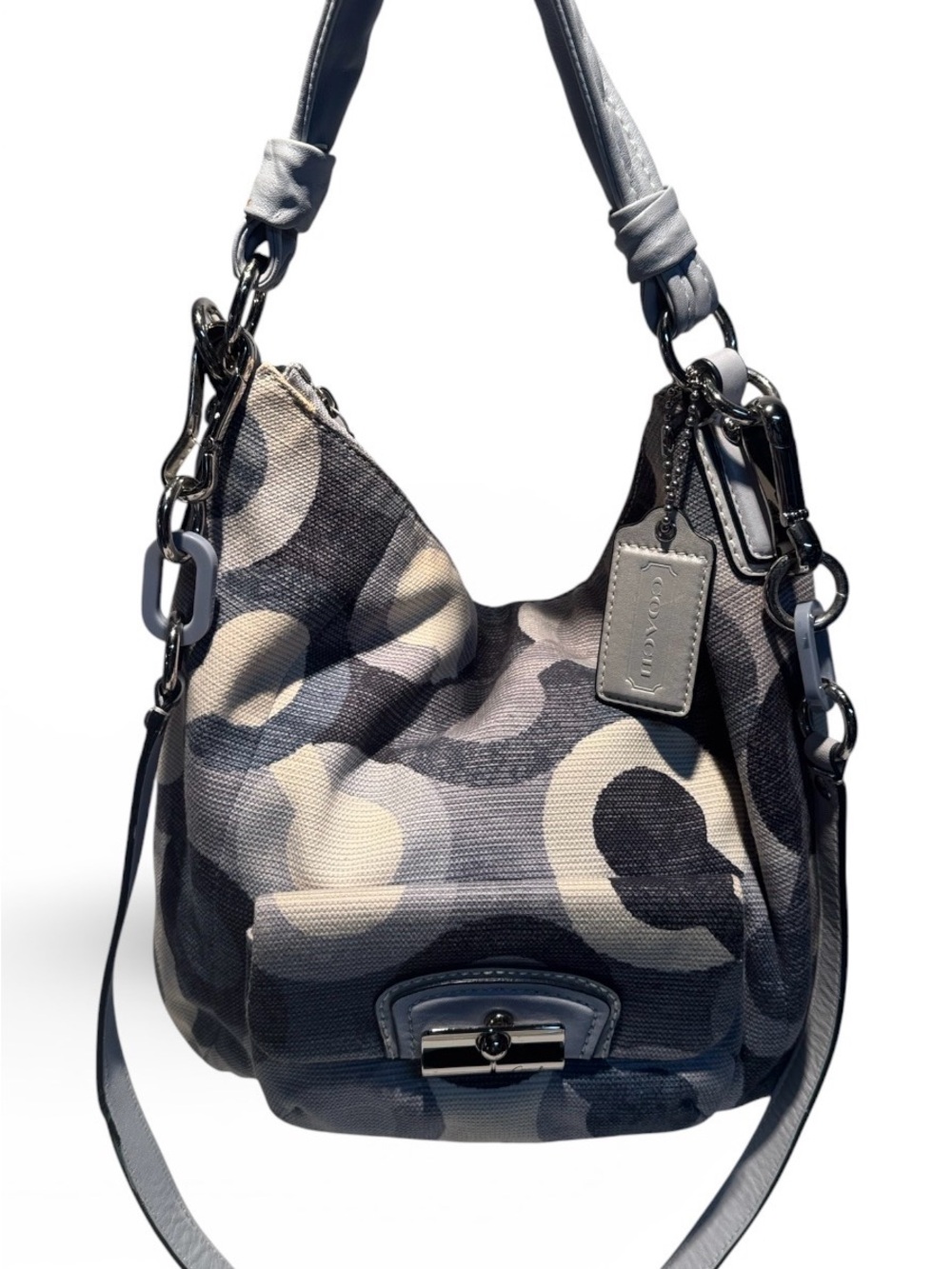 Coach Blue & White Signature Chain-Detail Hobo